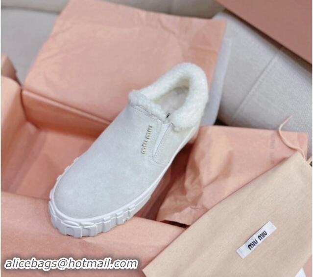 Most Popular Miu Miu Suede Loafers in Suede and Wool Fur Light Grey 014016