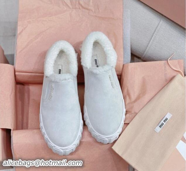 Most Popular Miu Miu Suede Loafers in Suede and Wool Fur Light Grey 014016