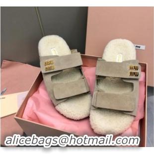 Purchase Miu Miu Suede and Wool Fur Flat Slides Sandal Beige 014018