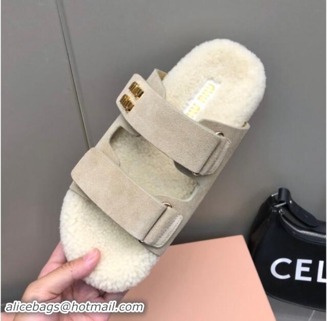 Purchase Miu Miu Suede and Wool Fur Flat Slides Sandal Beige 014018