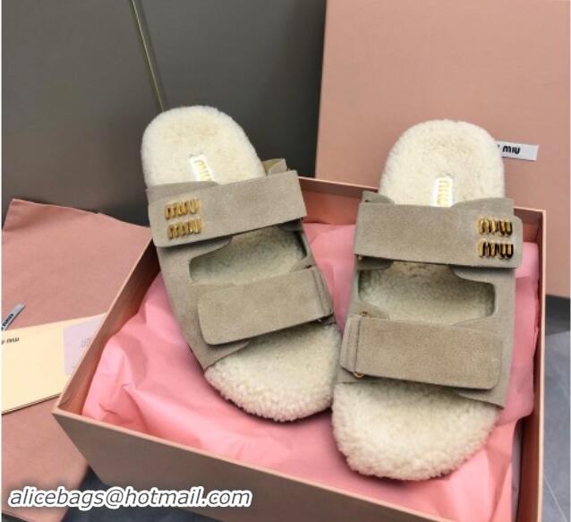 Purchase Miu Miu Suede and Wool Fur Flat Slides Sandal Beige 014018