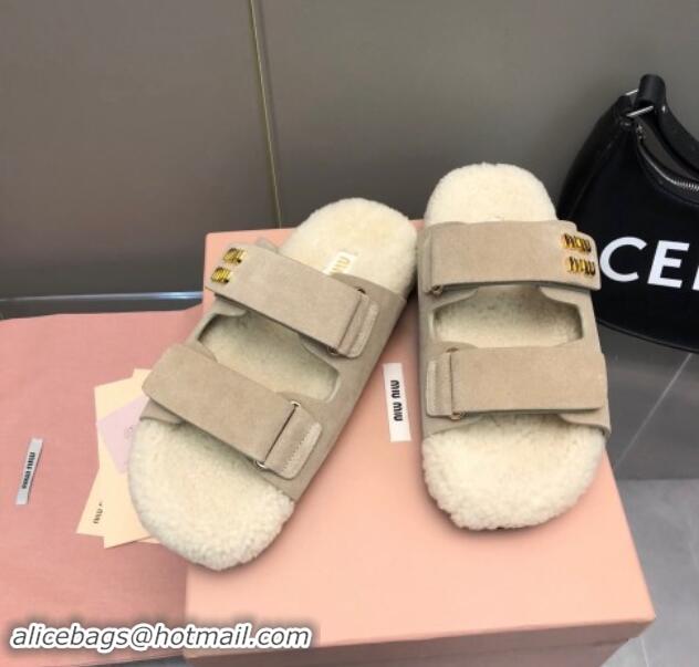 Purchase Miu Miu Suede and Wool Fur Flat Slides Sandal Beige 014018