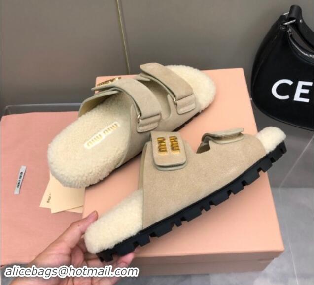 Purchase Miu Miu Suede and Wool Fur Flat Slides Sandal Beige 014018