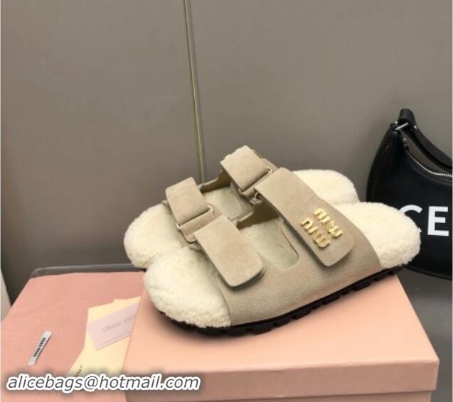 Purchase Miu Miu Suede and Wool Fur Flat Slides Sandal Beige 014018