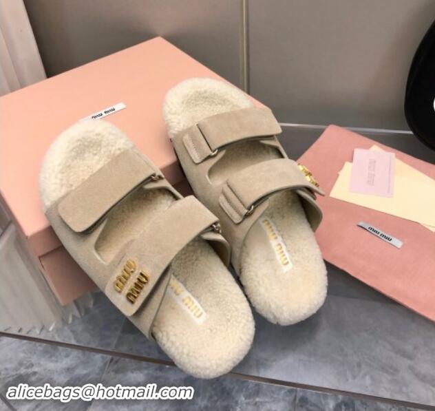 Purchase Miu Miu Suede and Wool Fur Flat Slides Sandal Beige 014018