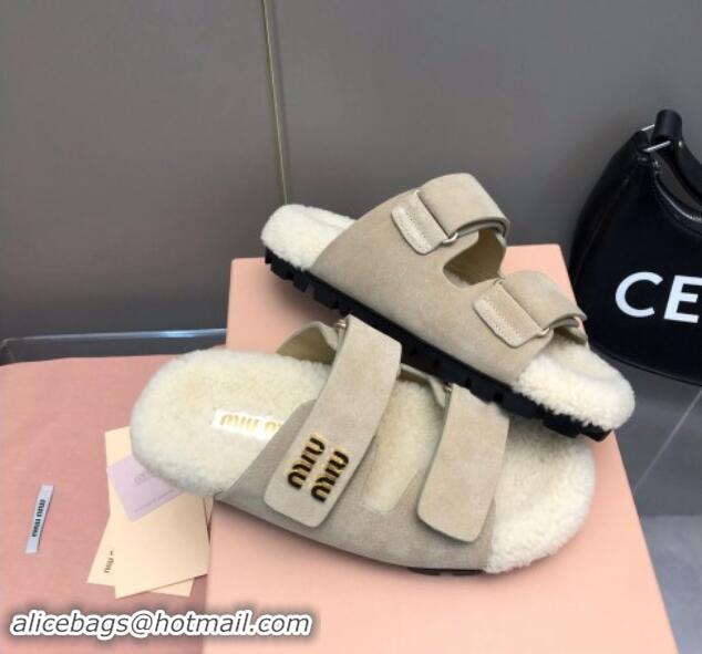 Purchase Miu Miu Suede and Wool Fur Flat Slides Sandal Beige 014018