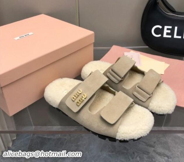 Purchase Miu Miu Suede and Wool Fur Flat Slides Sandal Beige 014018