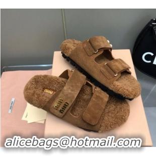 Top Grade Miu Miu Suede and Wool Fur Flat Slides Sandal Brown 1014019