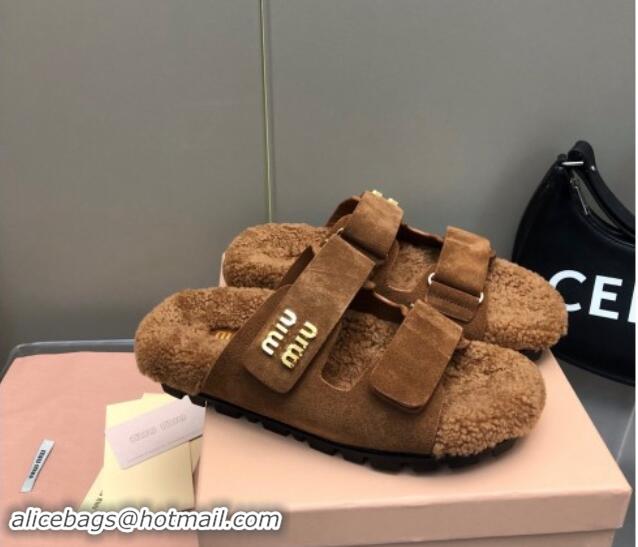 Top Grade Miu Miu Suede and Wool Fur Flat Slides Sandal Brown 1014019