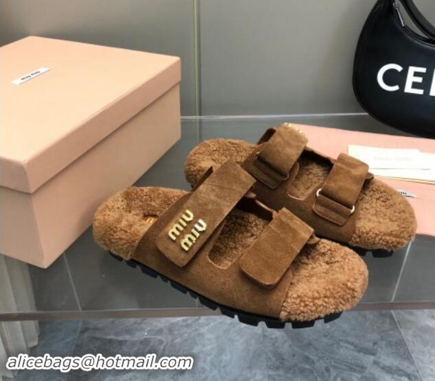 Top Grade Miu Miu Suede and Wool Fur Flat Slides Sandal Brown 1014019