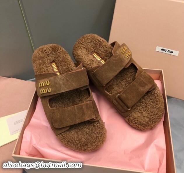 Top Grade Miu Miu Suede and Wool Fur Flat Slides Sandal Brown 1014019