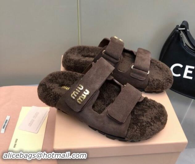 Grade Quality Miu Miu Suede and Wool Fur Flat Slides Sandal Dark Brown 1014020