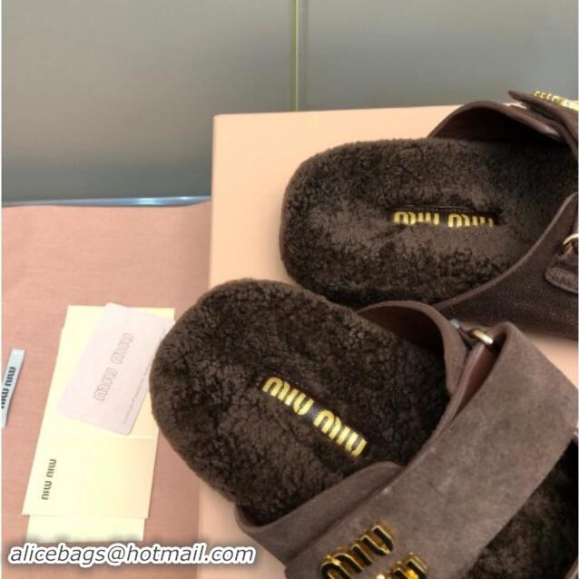 Grade Quality Miu Miu Suede and Wool Fur Flat Slides Sandal Dark Brown 1014020