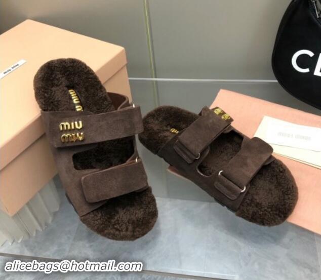 Grade Quality Miu Miu Suede and Wool Fur Flat Slides Sandal Dark Brown 1014020