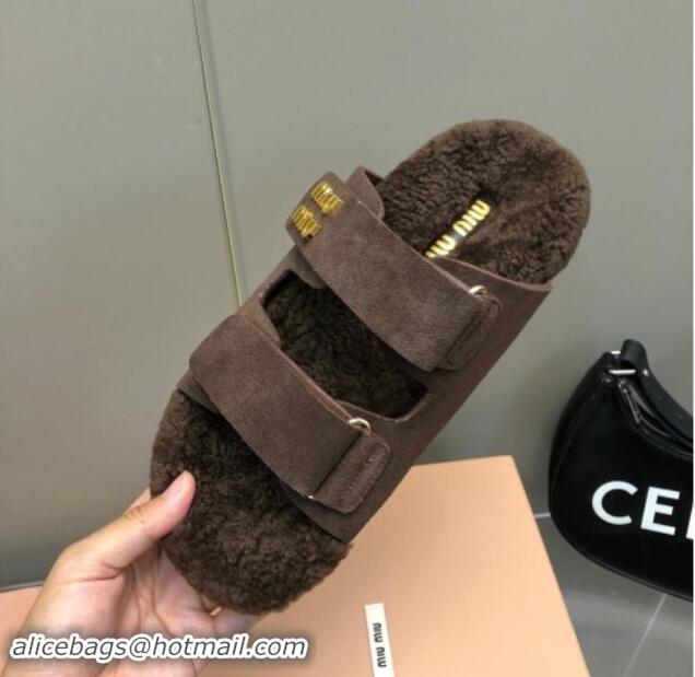 Grade Quality Miu Miu Suede and Wool Fur Flat Slides Sandal Dark Brown 1014020