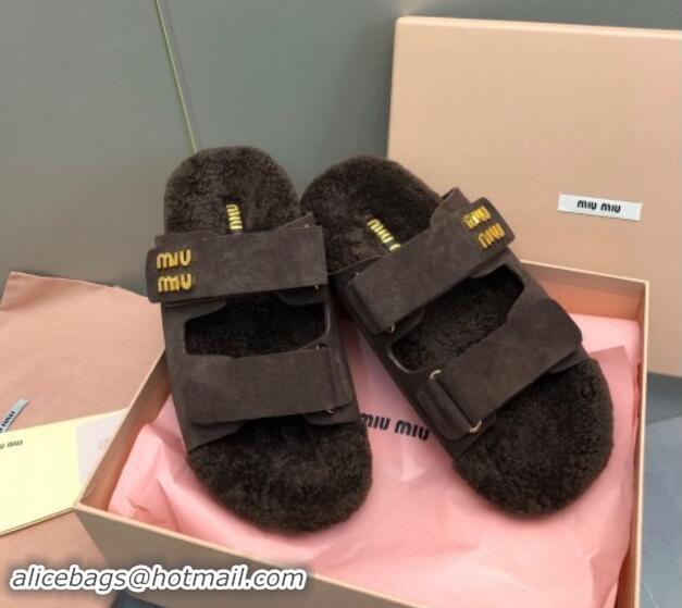 Grade Quality Miu Miu Suede and Wool Fur Flat Slides Sandal Dark Brown 1014020