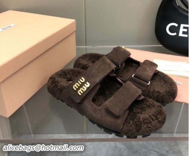 Grade Quality Miu Miu Suede and Wool Fur Flat Slides Sandal Dark Brown 1014020