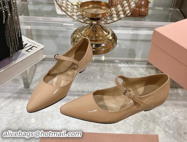 Top Design Miu Miu Patent Leather Mary Janes Pumps Beige 1014024