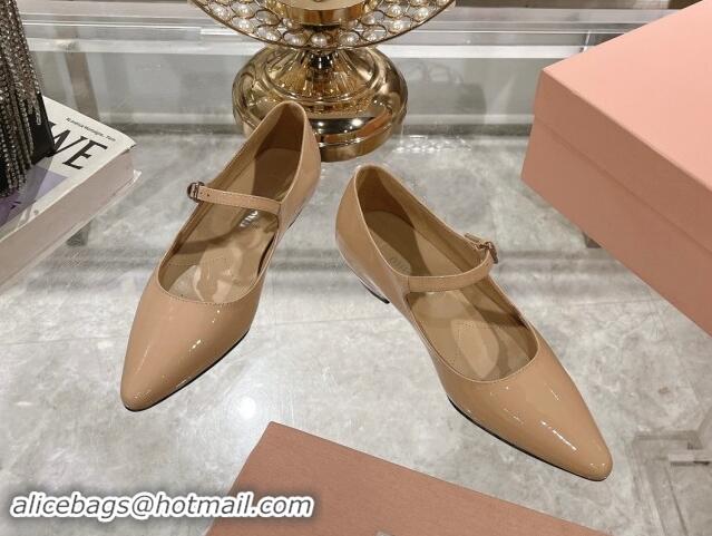 Top Design Miu Miu Patent Leather Mary Janes Pumps Beige 1014024