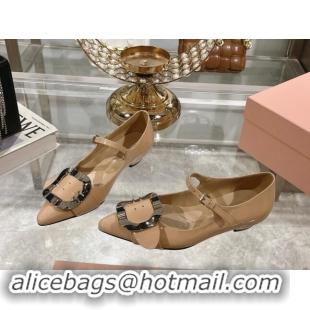 Durable Miu Miu Patent Leather Mary Janes Pumps with Buckle Beige 1014027