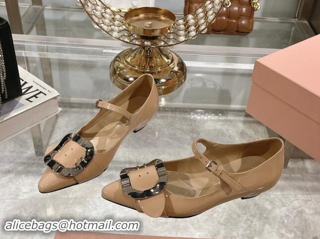 Durable Miu Miu Patent Leather Mary Janes Pumps with Buckle Beige 1014027