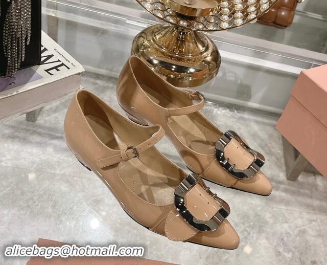 Durable Miu Miu Patent Leather Mary Janes Pumps with Buckle Beige 1014027