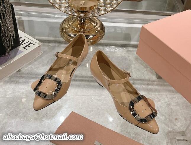 Durable Miu Miu Patent Leather Mary Janes Pumps with Buckle Beige 1014027