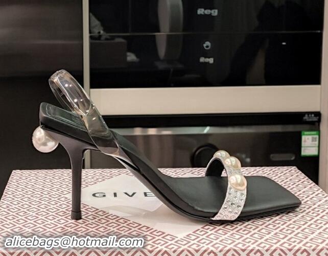 Discount Fashion Givenchy Leather Heel Sandals 9cm with Crystals and Pearls Black 328074