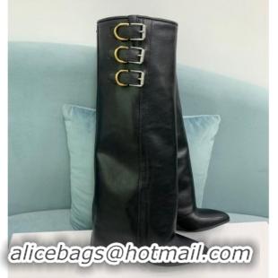 Luxury Cheap Givenchy Shark Lock Buckles Wedge High Boots 8.5cm in Leather Black 009093