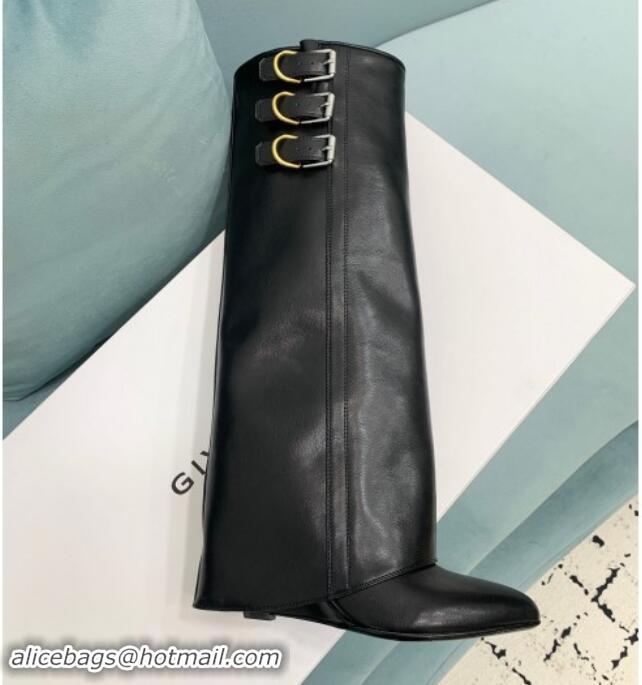 Luxury Cheap Givenchy Shark Lock Buckles Wedge High Boots 8.5cm in Leather Black 009093