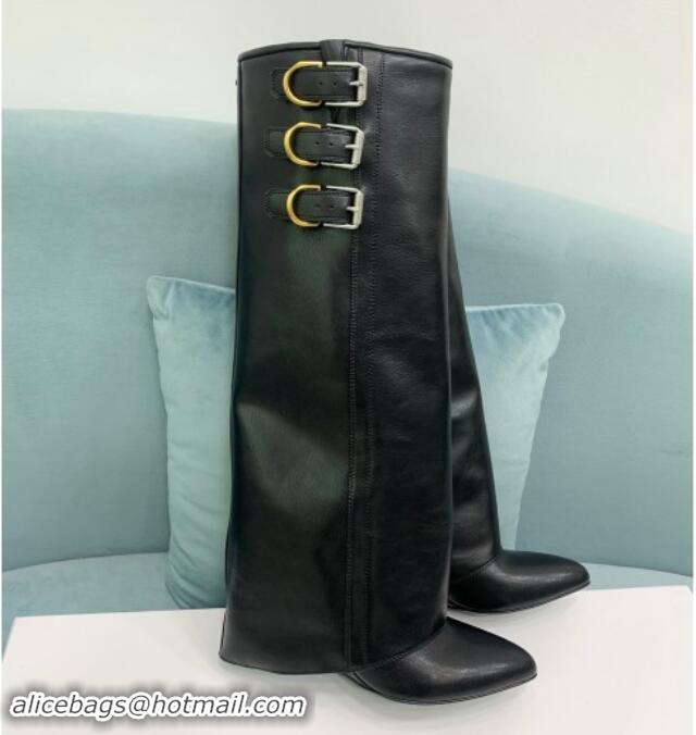 Luxury Cheap Givenchy Shark Lock Buckles Wedge High Boots 8.5cm in Leather Black 009093