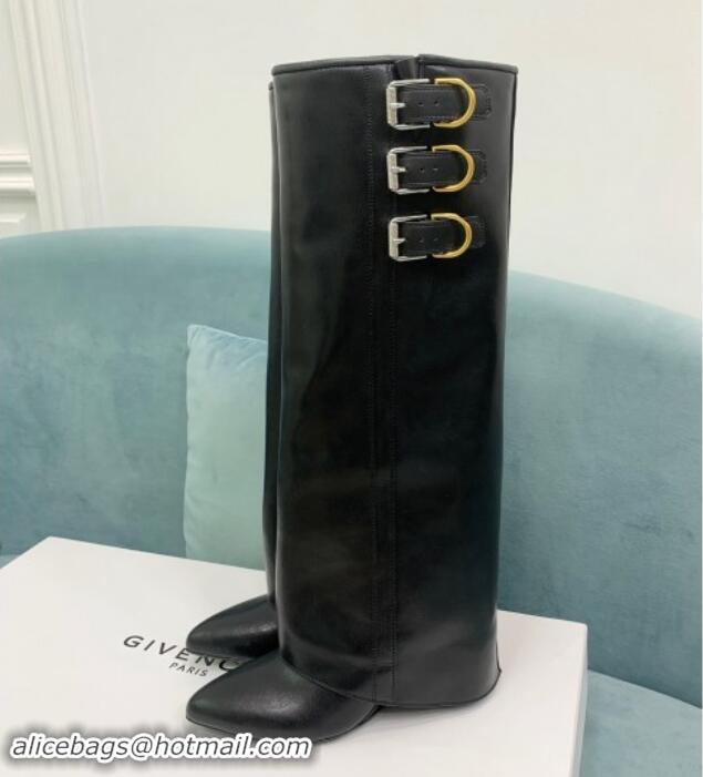 Luxury Cheap Givenchy Shark Lock Buckles Wedge High Boots 8.5cm in Leather Black 009093