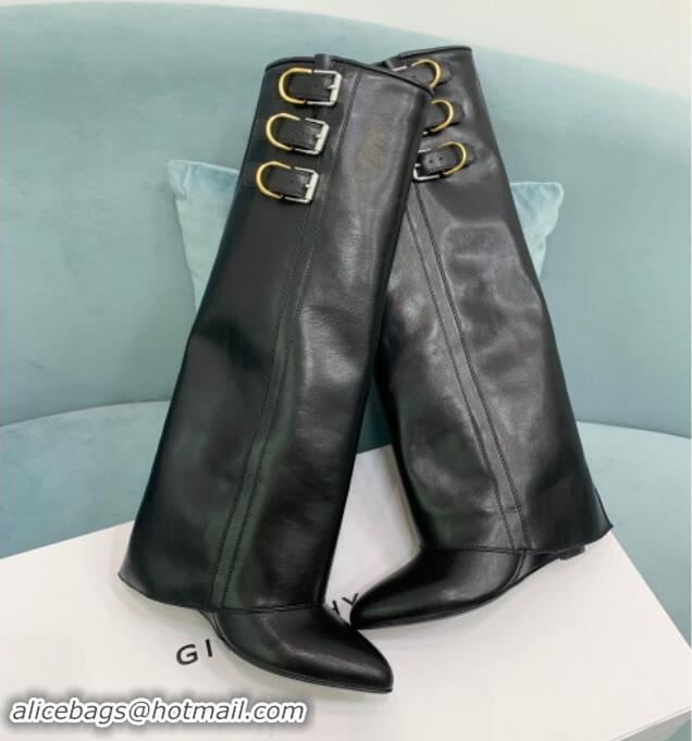 Luxury Cheap Givenchy Shark Lock Buckles Wedge High Boots 8.5cm in Leather Black 009093