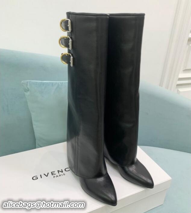 Luxury Cheap Givenchy Shark Lock Buckles Wedge High Boots 8.5cm in Leather Black 009093