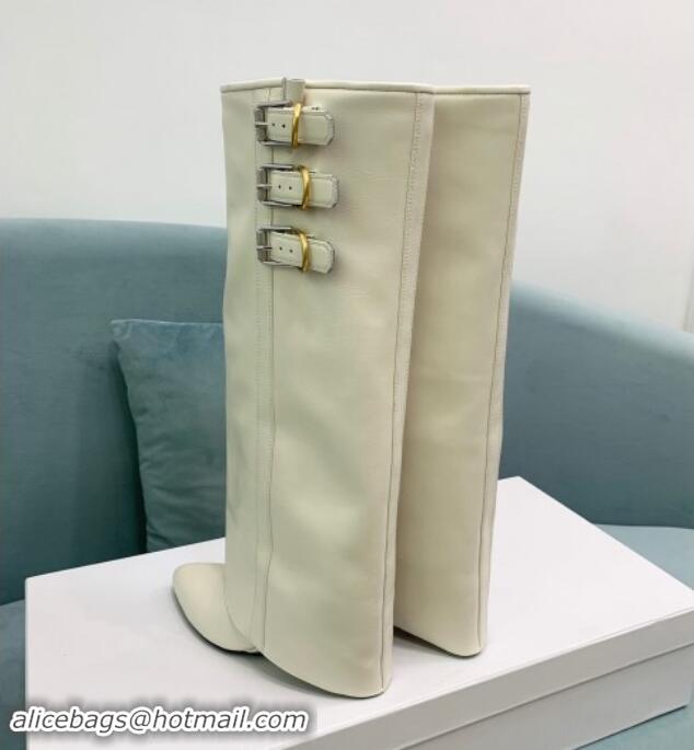 Top Grade Givenchy Shark Lock Buckles Wedge High Boots 8.5cm in Leather White 009094