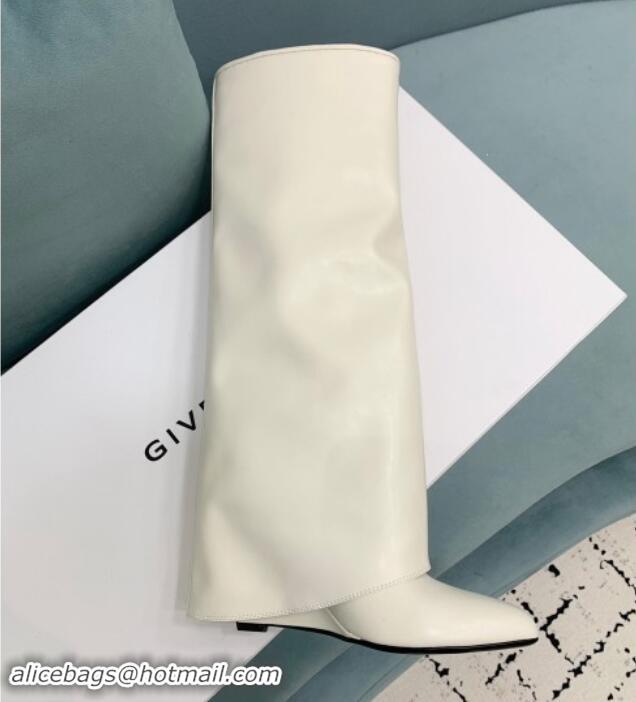 Top Grade Givenchy Shark Lock Buckles Wedge High Boots 8.5cm in Leather White 009094