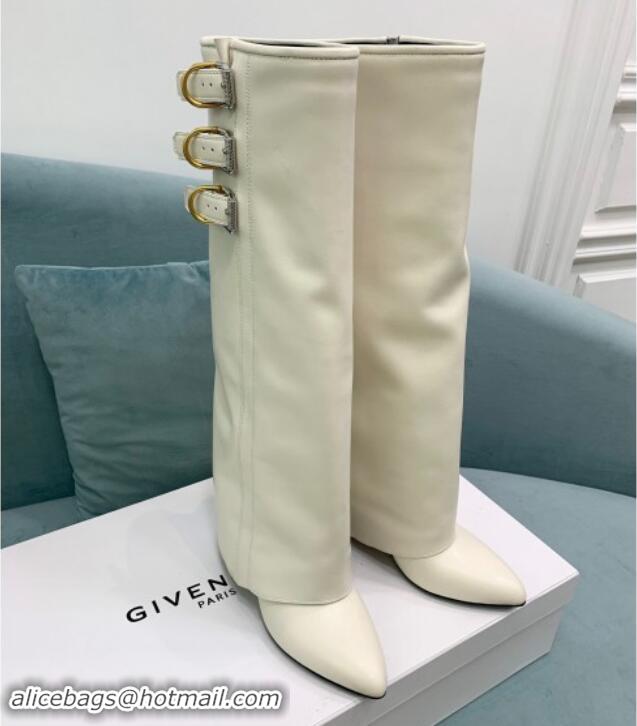 Top Grade Givenchy Shark Lock Buckles Wedge High Boots 8.5cm in Leather White 009094