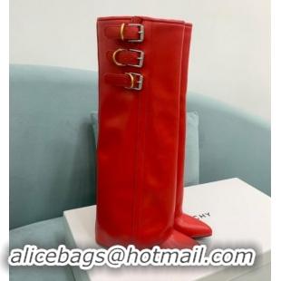 Charming Givenchy Shark Lock Buckles Wedge High Boots 8.5cm in Leather Red 009095