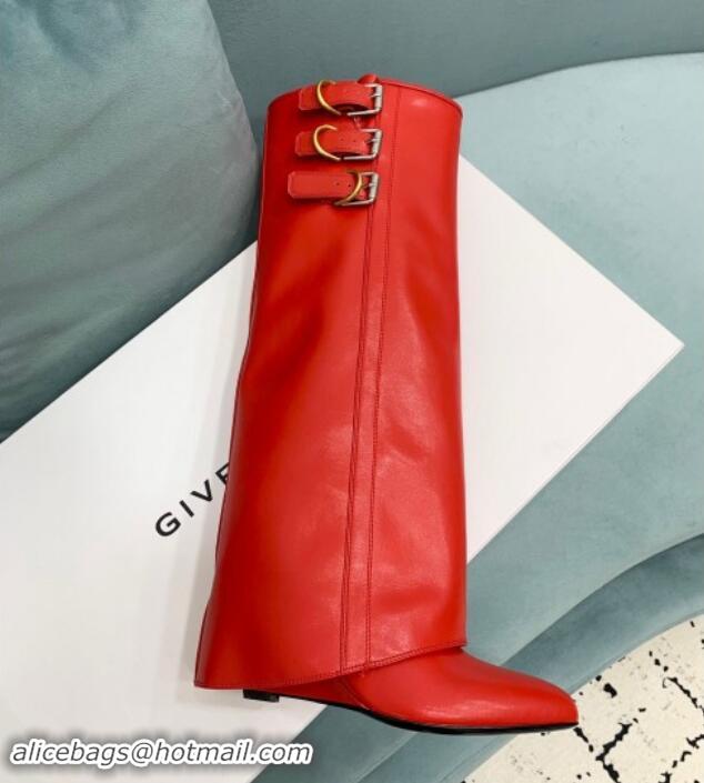 Charming Givenchy Shark Lock Buckles Wedge High Boots 8.5cm in Leather Red 009095