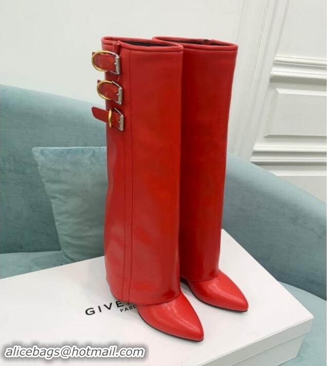 Charming Givenchy Shark Lock Buckles Wedge High Boots 8.5cm in Leather Red 009095