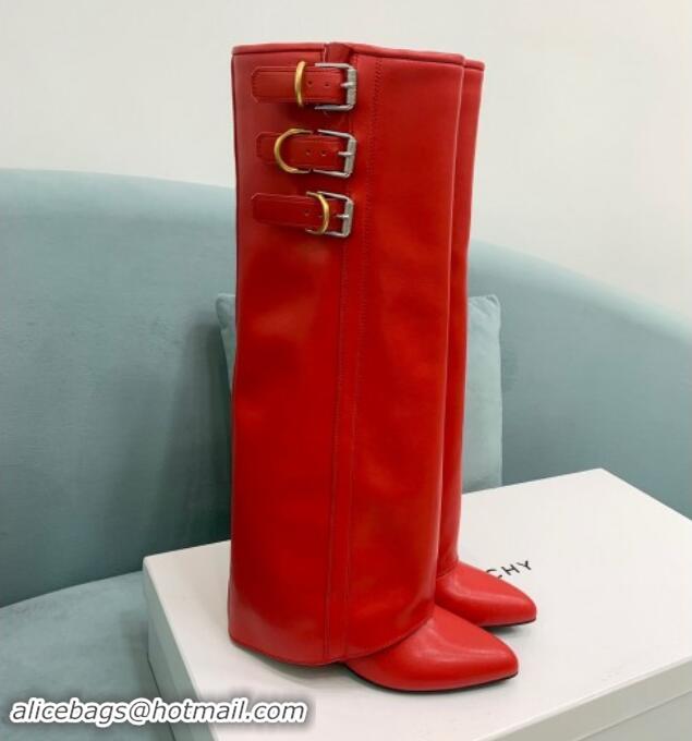 Charming Givenchy Shark Lock Buckles Wedge High Boots 8.5cm in Leather Red 009095