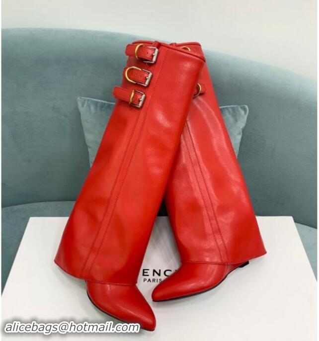 Charming Givenchy Shark Lock Buckles Wedge High Boots 8.5cm in Leather Red 009095