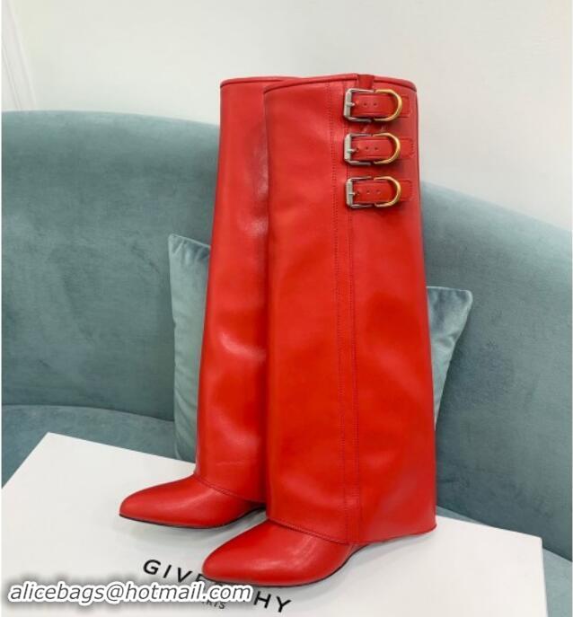 Charming Givenchy Shark Lock Buckles Wedge High Boots 8.5cm in Leather Red 009095