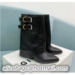 Unique Style Givenchy Shark Lock Buckles Wedge Ankle Boots 8.5cm in Leather Black 009096