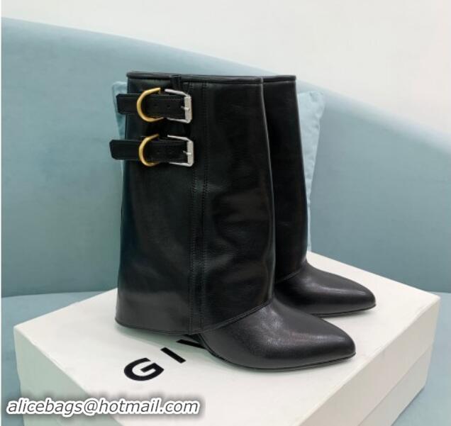 Unique Style Givenchy Shark Lock Buckles Wedge Ankle Boots 8.5cm in Leather Black 009096