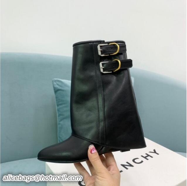 Unique Style Givenchy Shark Lock Buckles Wedge Ankle Boots 8.5cm in Leather Black 009096