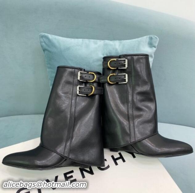 Unique Style Givenchy Shark Lock Buckles Wedge Ankle Boots 8.5cm in Leather Black 009096