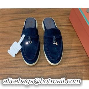 Good Quality Loro Piana Suede Flat Mules Deep Blue 812044