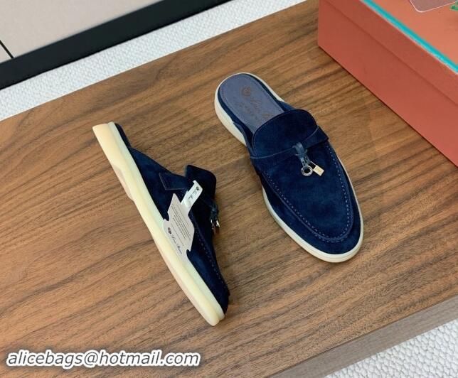 Good Quality Loro Piana Suede Flat Mules Deep Blue 812044