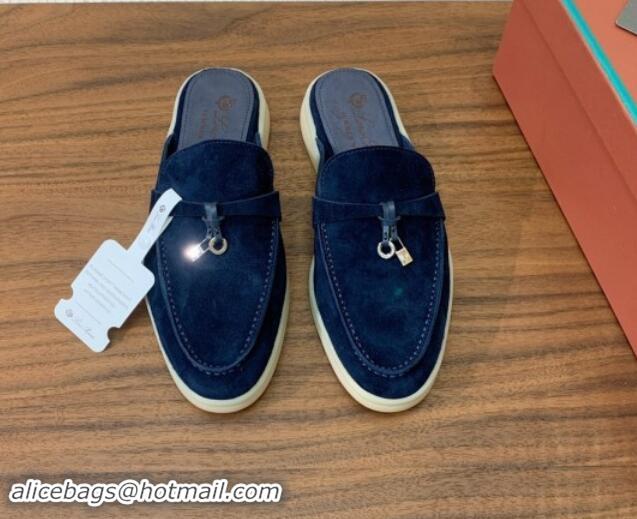 Good Quality Loro Piana Suede Flat Mules Deep Blue 812044